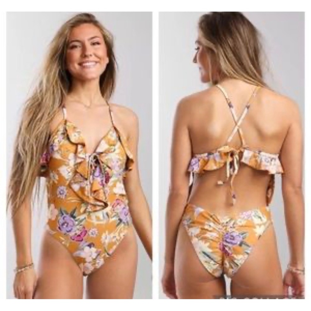 P2F Movement Power to‎ the Flower Floral Ruffle One Piece Swimsuit Mustard Small